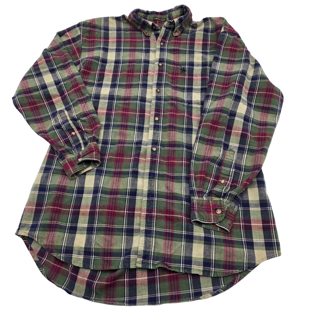 Smart-Casual Plaid Button‎ Down Mens M Green Navy Cotton Long Sleeve Preppy Work